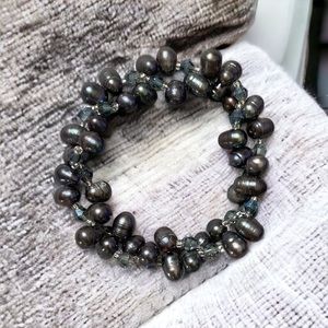 Black FWC pearls and beads stretch bracelet 2 strands intertwined handmade